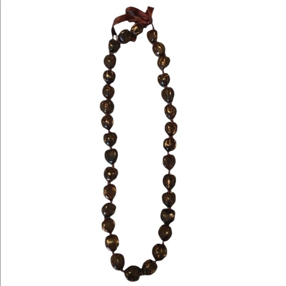 Jewelry - HAWAIIAN Dark Brown Kukui Nut Necklace Lei w/ Ribbon Accent